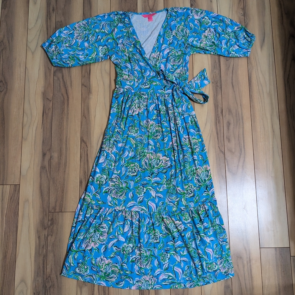 EUC! Lilly Pulitzer Brantley Midi Wrap Dress  Cumulus Blue Chick Magnet Size XS